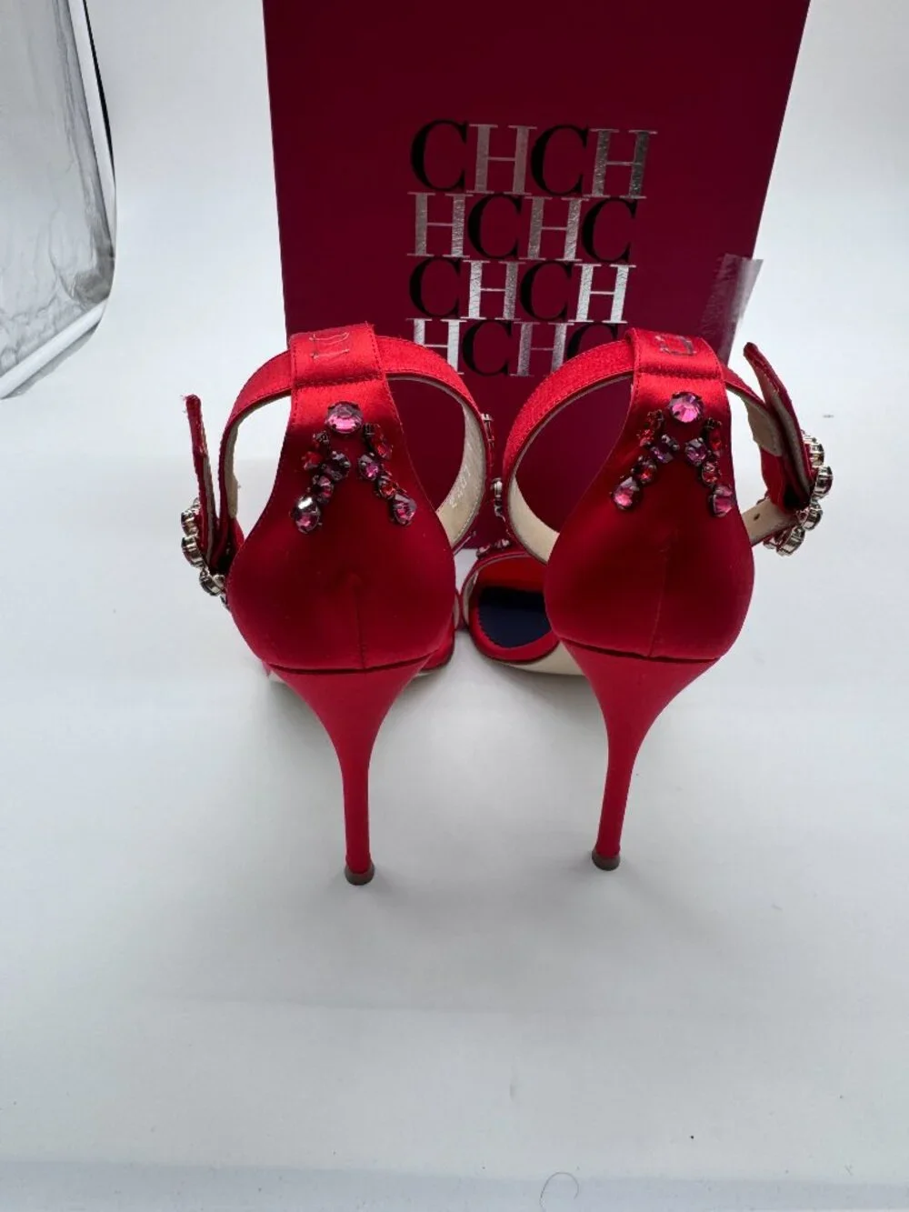 CH Carolina Herrera Red Satin Crystal Embellished Heels Size 36 Box